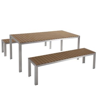 Beliani Conjunto De Comedor 6 Plazas De Metal Plateado Madera Clara Cepillado 2 Bancos Nardo