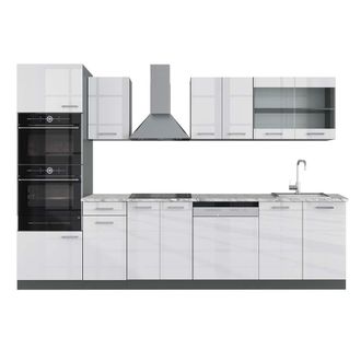 Vicco Mueble De Cocina R-line, Blanco Brillo/antracita, 300 Cm Con Armario Alto, Et M&aacute;rmol