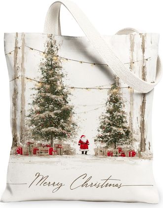 Generic Christmas Trees Canvas Tote Bags, Rustic Holiday Design Lightweight Washable Shoulder Strap Grocery Bags for Winter Travel, White, 13x15 Inch