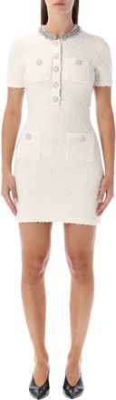 Self Portrait Cream Bouclé Knit Mini Dress With Crystal Buttons
