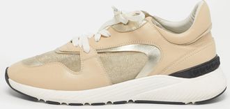 Casadei Beige Leather And Mesh Lace Up Sneakers