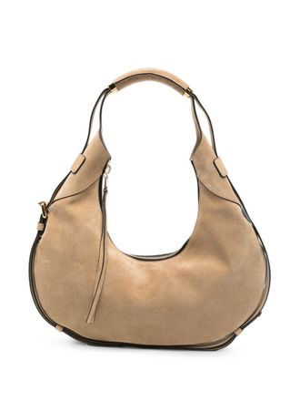 Moschino Crescent-Shaped Suede Bag with Gold Hardware Accents