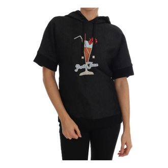 Dolce & Gabbana Hoodies, female, Black, Size: XS Black Crystal Embroidered Hooded Sweater