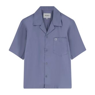 Carhartt Work in Progress Bowlingkraag Shirt met Korte Mouwen - Heren - Korte mouwen Overhemden - Blauw - S - Katoen - Overhemden