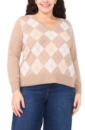 Halogen Argyle V-Neck Sweater in Simply Taupe at Nordstrom Rack, Size 2X