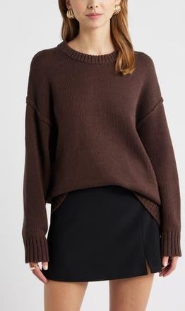 Open Edit Oversize Crewneck Cotton Sweater in Brown Seal at Nordstrom Rack, Size X-Small