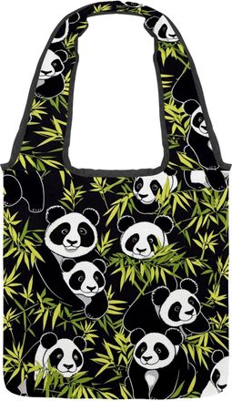 Generic Cute Cartoon Panda Reversible Canvas Shoulder Tote - Double-Sided Print, 12oz Cotton, 27cm Drop, Fold-Flat Bag for Travel, Shopping, Street Outings