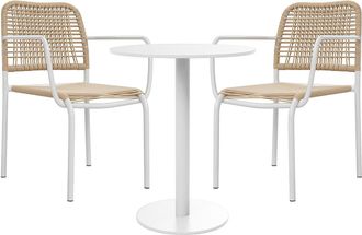 Vente-Unique Comedor de jard&iacute;n en metal y resina trenzada: una mesa D.60 cm y 2 sillones apilables - Beige - NIOU de MYLIA