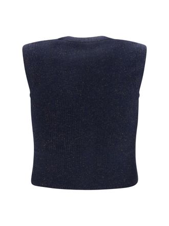 Brunello Cucinelli Womens Sleeveless Metallic Knit Cardigan Cold Blue Cashmere Blazers Jacket