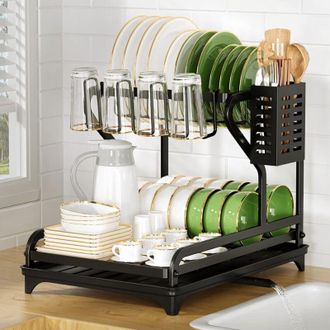 OEM Escurridor De Platos De Cocina Negro De 2 Niveles, Escurridor De Platos De Acero Inoxidable Con Soporte Para Utensilios Y Pico Escurridor Giratorio, A