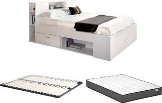 Vente-Unique Cama con cabecero con compartimentos y cajones - 160 x 200 cm - Color: blanco + Somier + colch&oacute;n - LEANDRE