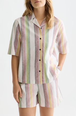Scotch & Soda Stripe Short Sleeve Linen & Cotton Button-Up Shirt in Multi Color Stripe at Nordstrom, Size 10 Us