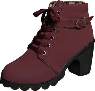 Generic Ankle Boots For Women Uk Thick Mid Heel Lace Up Buckle Round Toe Platform Ankle Booties Solid Versatile Comfortable Combat Boots(B-Wine,9)