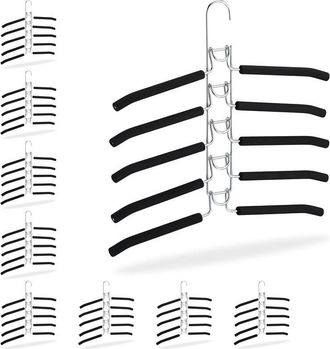 Relaxdays Set 9 Perchas Ahorra Espacio Antideslizantes, Colgador M&uacute;ltiple 5 Prendas, Compacta, 39x40,5x2cm, Plateado Y Negro