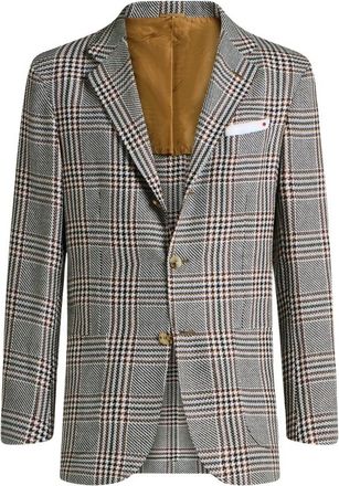 Kiton Cashmere en Linnen Getailleerd Geruit Jasje - Heren - Blazers - Grijs - 2XL - Leer - Jassen