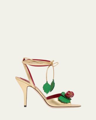 Valentino Garavani 100mm VLogo Cherry Leather Ankle-Tie Sandals