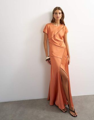 Topshop vestito maxi con pannelli in raso e maniche corte arancione
