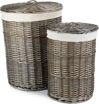 Red Hamper Set of 2 Cotton Lined Wicker Antique Wash Round Laundry Baskets