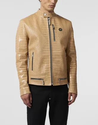 Philipp Plein Leather Moto Jacket Cocco Men in Beige at Nordstrom, Size Xxx-Large
