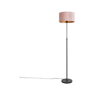 QAZQA Qazqa R&uacute;stico L&aacute;mpara De Pie Negra Con Pantalla De Terciopelo Rosa Y Dorado 35 Cm - Parte Textil /acero Cil&iacute;ndra /alargada /redonda Adecuado Para Led 