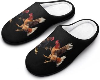 Generic Two Chickens Fighting Mens House Slippers Memory Foam Washable Cotton Slip on Home Shoes