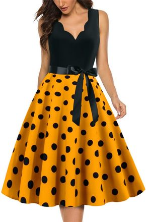Generic Womens 50s 60s Retro V Neck Polka Dot Print A Line Rockabilly Dress Sleeveless Vintage Swing Prom Party Dresses Womens Vintage Fit & Flare Dress Gifts