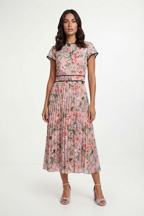 Wallis Womens Floral Contrast Pleated Midi Dress - Pink - Size 14 UK