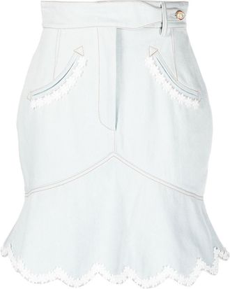 Casablanca floral-embroidered denim peplum skirt - women - Cotton/Leather - 32 - Blue