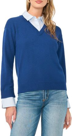Vince Camuto Layered Look V-Neck Sweater in Navy Dusk at Nordstrom, Size Xx-Large