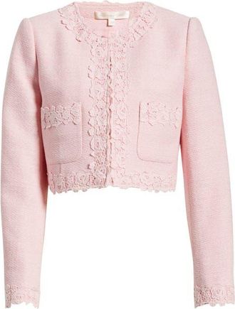 LoveShackFancy Leilana Lace Accent Crop Jacket in Strawberry Spritz at Nordstrom, Size 12