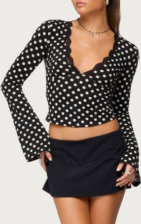 Edikted Lacey Polka Dot Long Sleeve Crop Top in Black-And-White at Nordstrom, Size X-Small