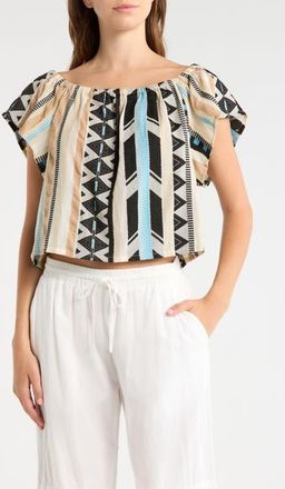 Elan Ruffle Off the Shoulder Top in Neutral Aztec at Nordstrom, Size X-Small