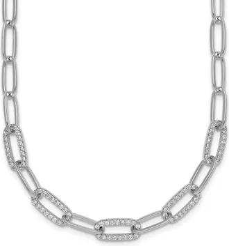 Diamond2Deal Sterling Silver Polished Fancy Cubic Zirconia Paperclip Chain Necklace 18