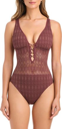 Bleu Rod Beattie Lace Overlay One-Piece Swimsuit in Coffee at Nordstrom, Size 14