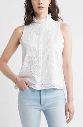 Caslon Ruffle Eyelet Sleeveless Button-Up Shirt in White at Nordstrom Rack, Size Xx-Large