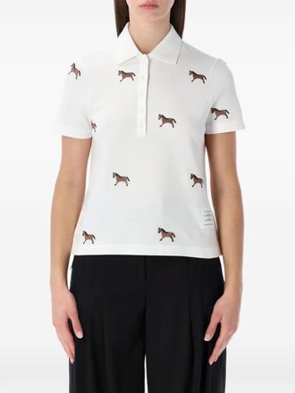 Thom Browne horse-embroidered short sleeve polo shirt - White