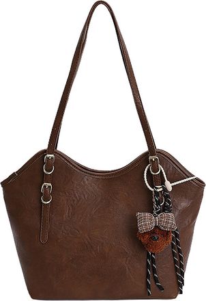 Generic Womens Large Capacity Shoulder Bag with Cute Charm, PU Hobo Tote Bag, Adjustable Shoulder Straps, Applies to Daily Commuting (Brown With pendant,39 * 