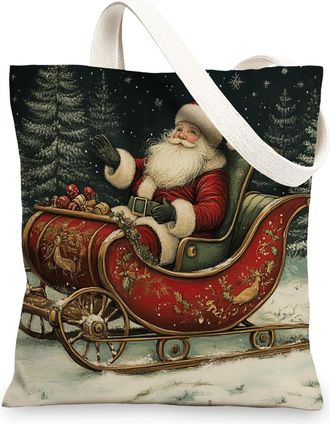 Generic Christmas Santa Claus Canvas Tote Bag for Shopping 13x15, Vintage Xmas Sleigh Snow Reusable Grocery Print Bag for Women, Holiday New Year Beach Aesthe