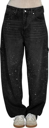 Generic Womens Patchwork Jeans,Baggy Jeans Women Rhinestone Wide Leg Harem Denim Trousers Plus Size High Waisted Washed Distressed Jean with Pockets Fashion V