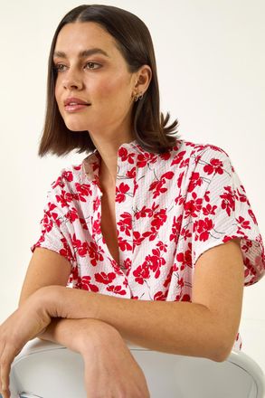 Roman Floral Print Pleat Neck Top