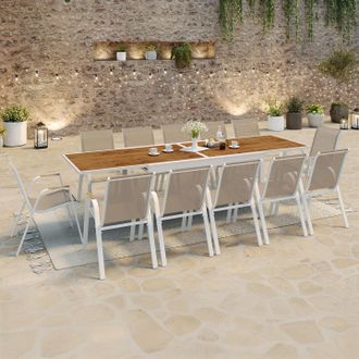 IDMarket Conjunto De Muebles De Jard&iacute;n Extensibles Noumea Tablero De Cristal Templado Efecto Madera 135/270 Cm Y 12 Sillas Apilables Blan