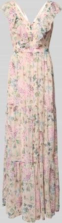 Swing Abendkleid mit Volantsaum und V-Ausschnitt in Rose, Gr&ouml;&szlig;e 32