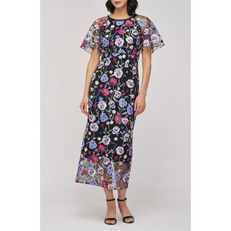 JS Collections Embroidered Floral Mesh Cocktail Dress in Black/Multi at Nordstrom Rack, Size 10