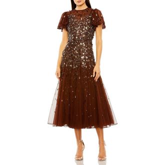 Mac Duggal Flutter Sleeve Sheer Top Beaded Dress in Espresso at Nordstrom, Size 12