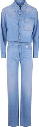 Elisabetta Franchi Jumpsuits & Playsuits, Dames, Blauw, S, Denim, Denim Jumpsuit Met Tekstopdruk