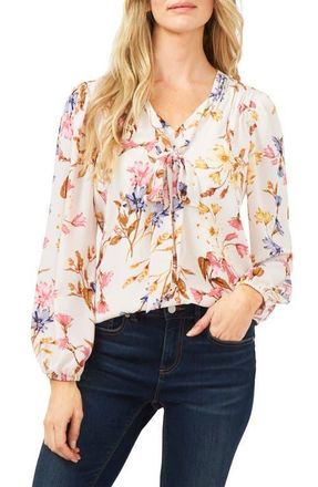 CeCe by Cynthia Steffe Dolce Floral Print Tie Neck Blouse in Soft Ecru at Nordstrom, Size Small