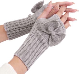 Generic Bow Knitted Gloves Fingerless Wristband Half Finger Simple Twists Gloves for Women(grey)