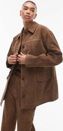 Topshop boxy mid length high break faux suede jacket in brown