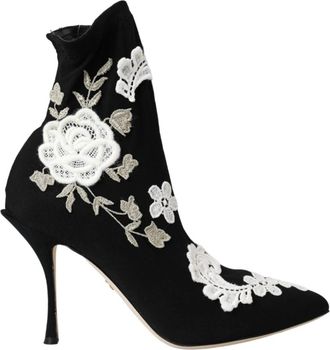 Dolce & Gabbana Zwart Wit Geborduurde Instaplaarzen - Dames - Laarzen met Hak - Zwart - 38 EU - Schoenen
