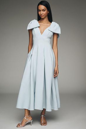 Mac Duggal Ieena Crepe V-Neck Midi Dress